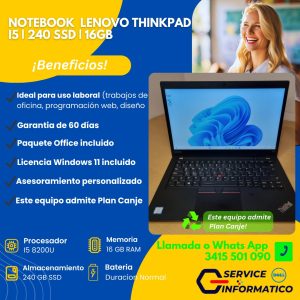 Notebook Reacondicionada Lenovo, Intel I5, 240GB SSD, 16GB RAM