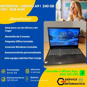 Notebook Reacondicionada Lenovo, AMD A9, 240GB SSD, 8GB RAM
