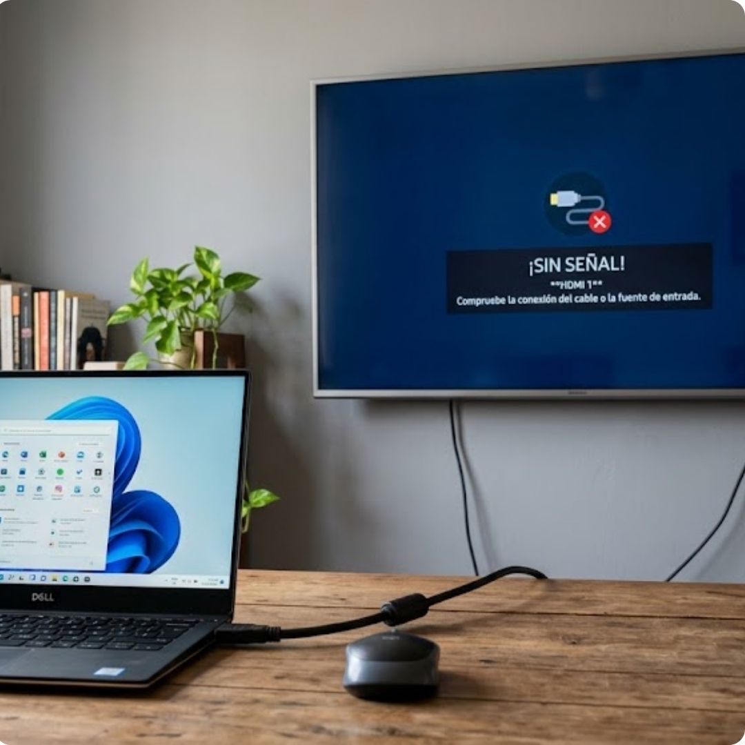 Notebook conectada por HDMI a un televisor — imagen correcta pero sin sonido